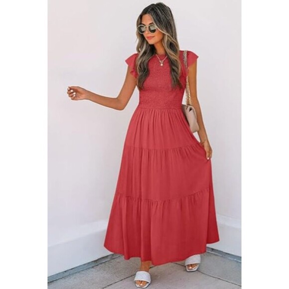 Zesica Red Ditsy Maxi Dress S Tiered Smocked Modest Boho Country Pintuck - Picture 1 of 9